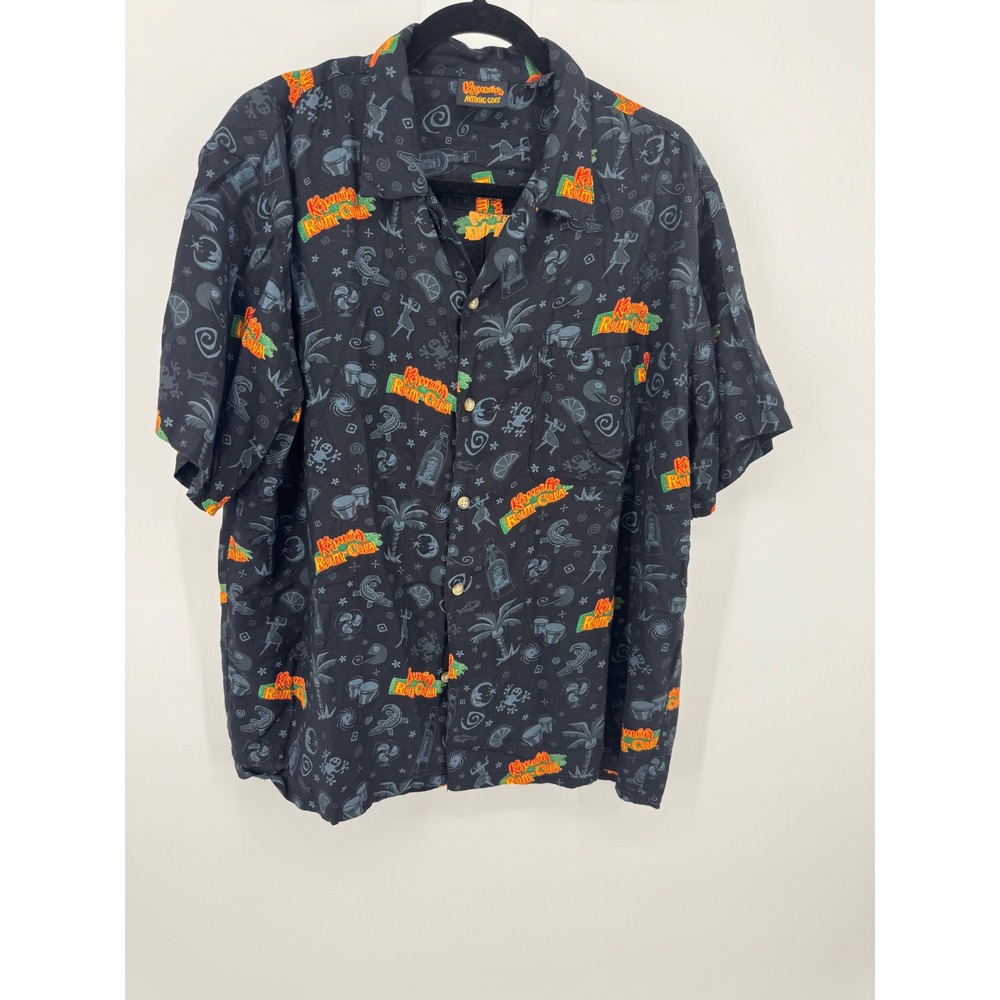 Vintage Kahlua Anything Goes Mens Large Rayon Rum-Cola Print Shirt Black - Picture 2 of 8